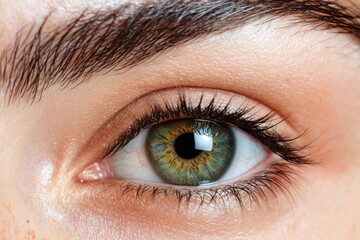 Obraz premium iris patterns eye striking close-up green concept. Close-up of a human eye with striking green iris and eyelashes.