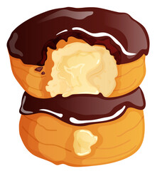 Boston Cream Donuts Stacked Bitten and Whole. Doughnuts with Custard Filling and Chocolate Glaze. Confectionery Pastry Illustration