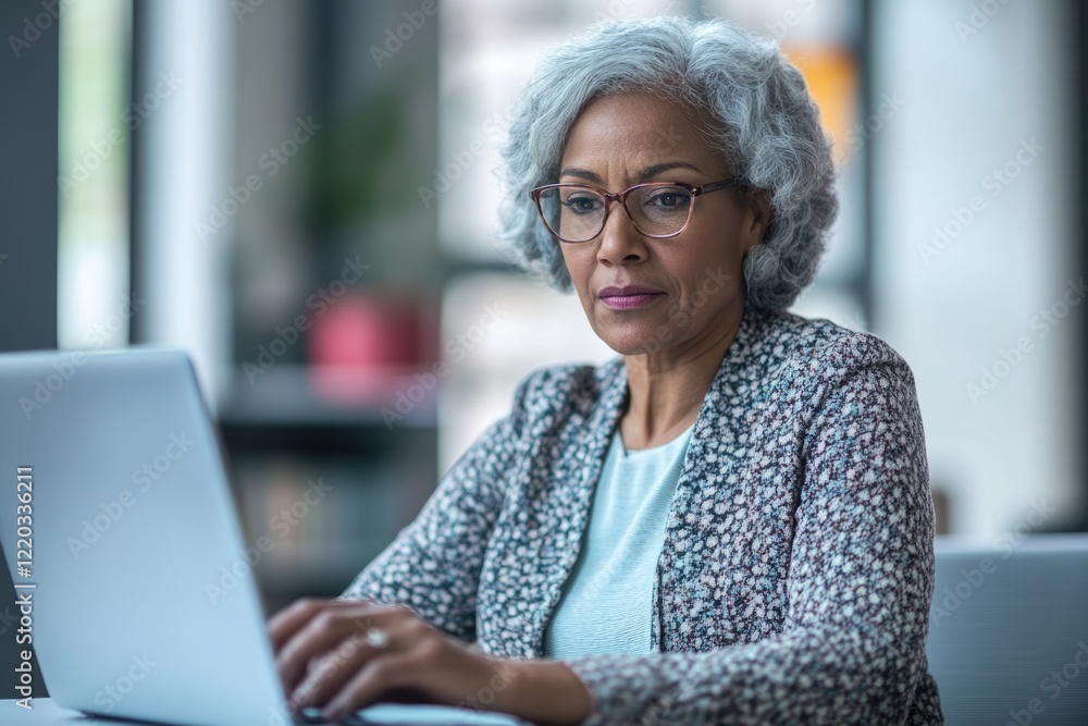 Poster A focused senior woman with glasses works on her laptop, engrossed in her tasks.