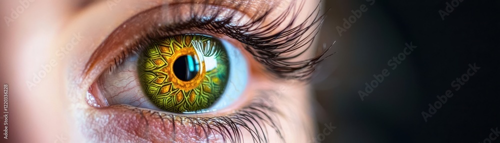 Poster iris patterns eye striking close-up green concept. close-up of a colorful eye with intricate details