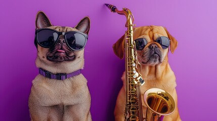 Cool Dogs with Sunglasses and Musical Instruments on Purple Background