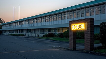 Obraz premium A school building at sunset with a glowing school sign, casting a warm light over the building and highlighting the peaceful end to a day of learning. 