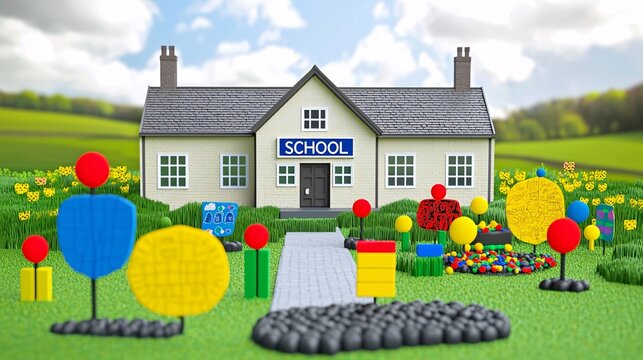 A school building with a welcoming school sign at the entrance, surrounded by a student-designed garden and art installations, promoting creativity and education. 