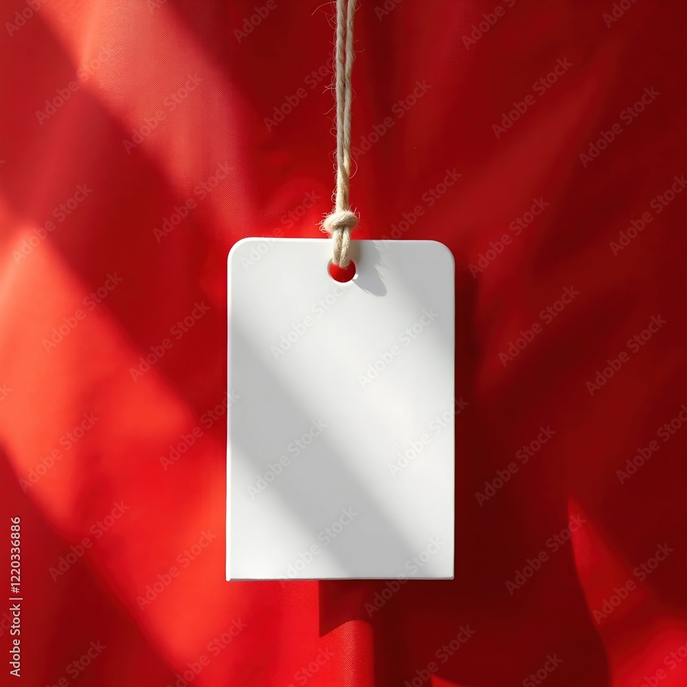 Poster blank white tag hanging against a vibrant red background. perfect for adding your own text or design