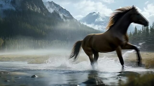 Scene of horses running through a shallow river, smooth repetitive motion for background video animation
