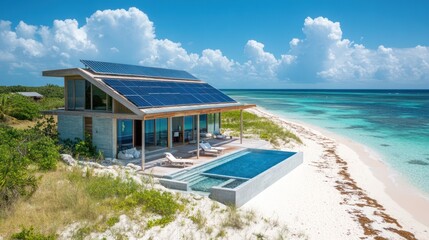 Fototapeta premium Modern beachfront villa with solar panels and infinity pool.
