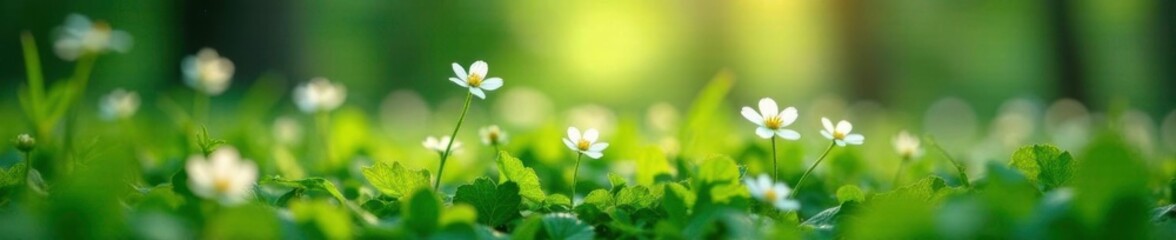 Delicate wood forget me no flowers in clusters, green, nature, forest