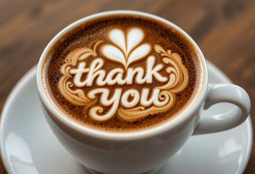 Thank You Latte Art in White Mug with Intricate Design on Dark Wood Table
