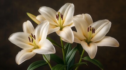 Fototapeta premium Three elegant creamy white lilies with green leaves against a dark brown background.