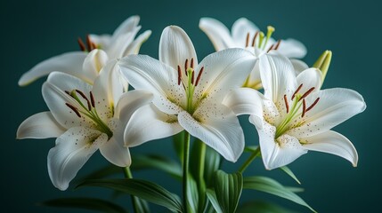 Close-up of four pristine white lilies against a dark teal background.