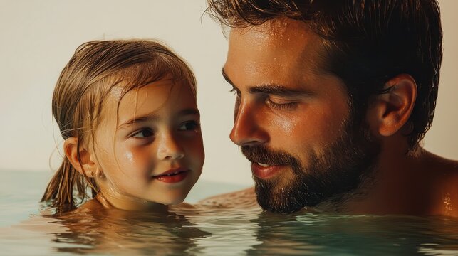 Father guiding daughter in swimming lesson, soft beige backdrop, joyful bonding moment captured, focus on learning and connection