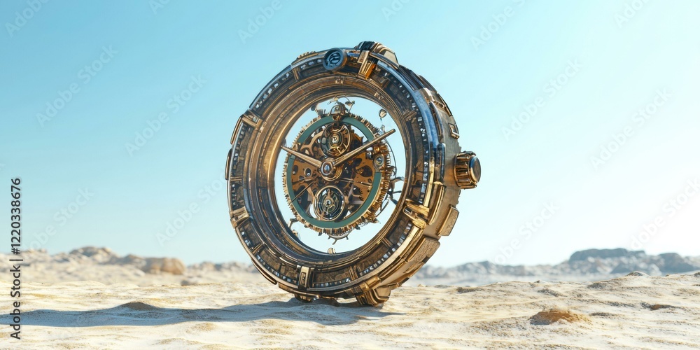 Poster intricate clockwork mechanism in a desert setting. ai.