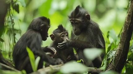A small monkey family nestled among the lush greenery of the forest canopy