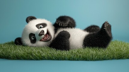 Obraz premium Happy panda relaxing in the grass. AI.