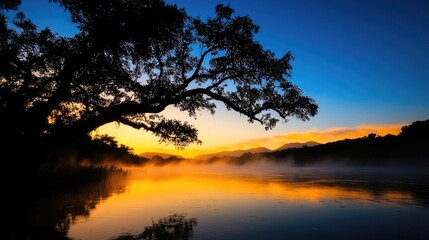 Tranquil Sunset Over Misty Lake with Silhouetted Tree Branches