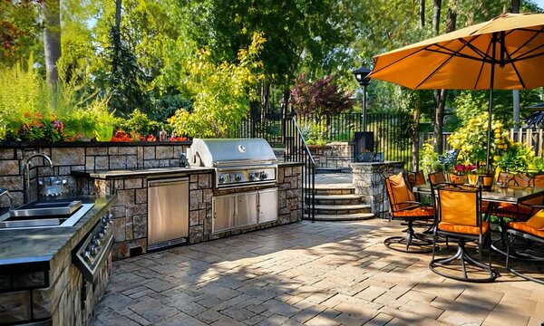 Beautiful outdoor kitchen with grill and dining area in garden