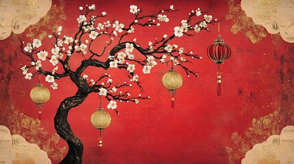 Artistic Chinese New Year greeting card with a plum flower tree and decorative elements like lanterns and gold patterns