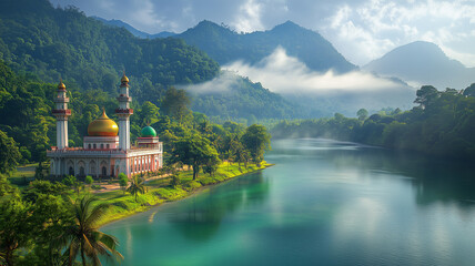 Fototapeta premium Serene Mosque by the River in Lush Green Mountains