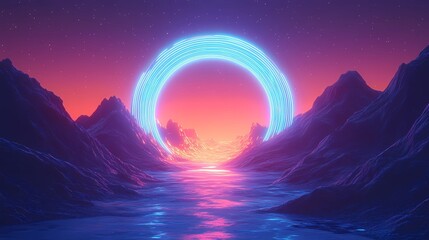 Outrun-themed retrowave background with glowing neon gridlines and a futuristic sunset, illustrated in a classic book-inspired art style