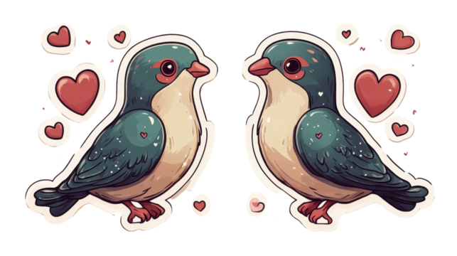 A pair of cute cartoon parrots sitting on a branch with hearts around them