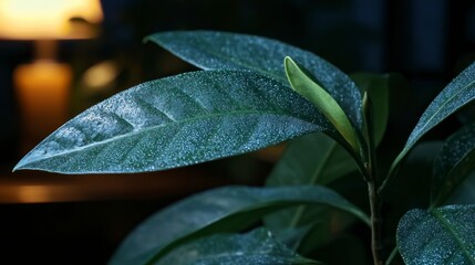 Fototapeta premium Dew Drops on Lush Tropical Leaves Closeup Nature Photography