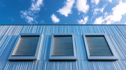 Fototapeta premium Three rectangular windows on a modern building's blue metal facade under a bright blue sky.