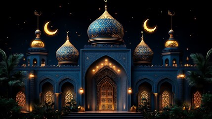 Fototapeta premium Majestic Mosque at Night Illuminated Golden Crescents