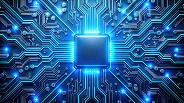 A futuristic circuit board with glowing blue lines and circuits , motherboard , wires,  motherboard