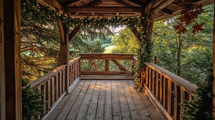 Naklejka premium Forest home porch country vector illustration. Cottage terrace in summer with tree view, garland and nature environment. Rural wooden cabin veranda in hotel with fence in beautiful sunny day location