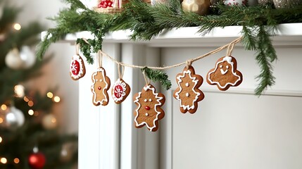 Holiday-themed gingerbread garland tied to a natural string and styled with festive patterns