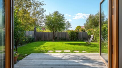 Naklejka premium Cartoon backyard view from open glass door on wooden patio. Vector illustration of house porch, home garden with green grass and tree, stone footpath, wooden fence under blue sky. Summer barbecue area