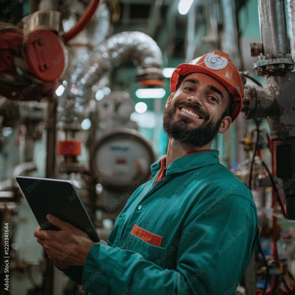 Poster smiling engineer using tablet in industrial factory