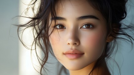 Closeup portrait of woman with long flowing hair study in beauty and style