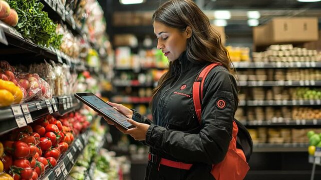 A person using a tablet while shopping among fresh produce in a grocery store.