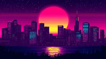 Fototapeta premium Vibrant retrowave aesthetic background with neon lights and gridlines.