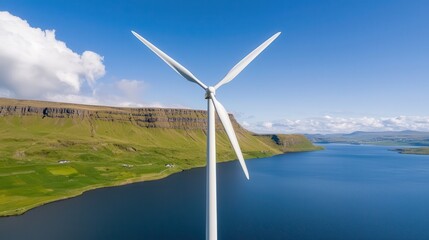 Obraz premium clean energy wind growth concept. A large wind turbine stands by a serene lake surrounded by hills under a clear blue sky.