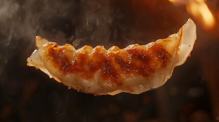 Close-up of a single gyoza with crispy edges