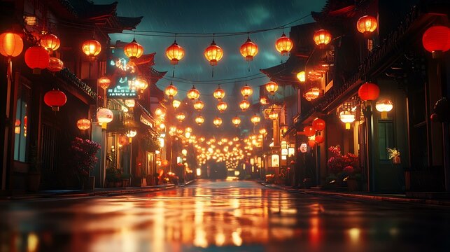 Festive Chinese New Year scene with glowing red lanterns strung across a quiet street under the night sky