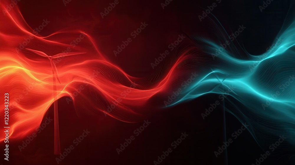 Poster clean energy wind growth concept. Vibrant red and blue wave patterns create a dynamic abstract background.