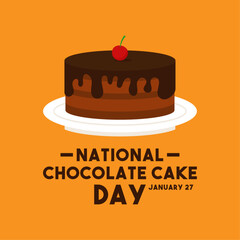 National Chocolate Cake Day. January 27. Chocolate cake on plate.