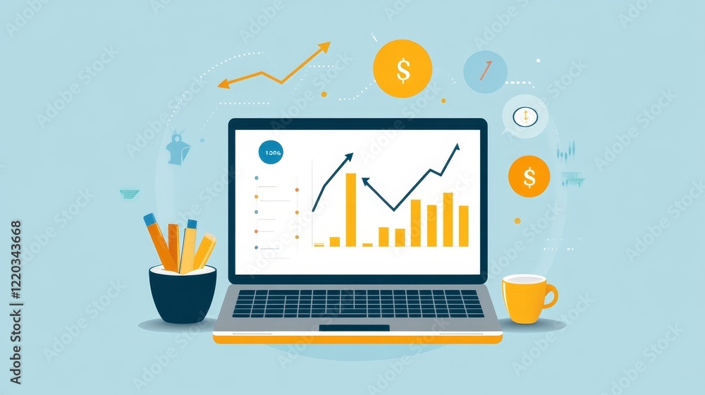 Aufkleber laptop with business chart and coffee visual representation of data analysis productivity