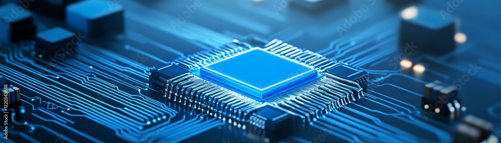 Poster closeup view of blue microchip on green circuit board deep dive into hardware technology