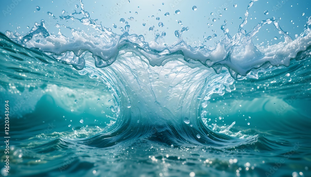 Poster aqua wave splashing with dynamic movement and sparkling light reflections
