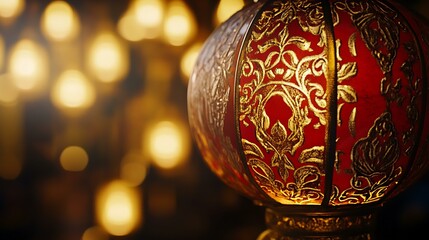 Close-up of a traditional Chinese red lantern with intricate golden patterns illuminated at night