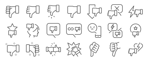 Thumb-down icon set. It includes dislike, unlike, hate, disappointed, and more icons. Editable Vector Stroke. 