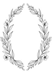 Minimalist floral frame with line-art leaves and flowers on a plain white background