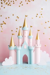 Obraz premium A whimsical pastel castle with golden towers and a light background, decorated with gold confetti, perfect for celebrations or children's themes.
