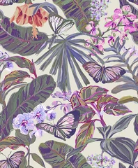 Gardinen Blumenmuster Tropical seamless pattern with orchid, hibiscus flowers, leaves and butterflies. Botanical print drawn in gouache with tropical plants in vintage style  © Арина Трапезникова