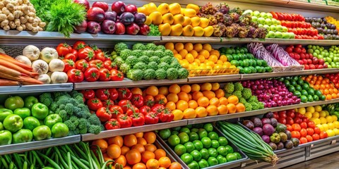 Colorful fruits and vegetables arranged artfully on a supermarket shelf, fruit bowl