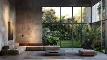 Modern Minimalist Living Room with Lush Garden View